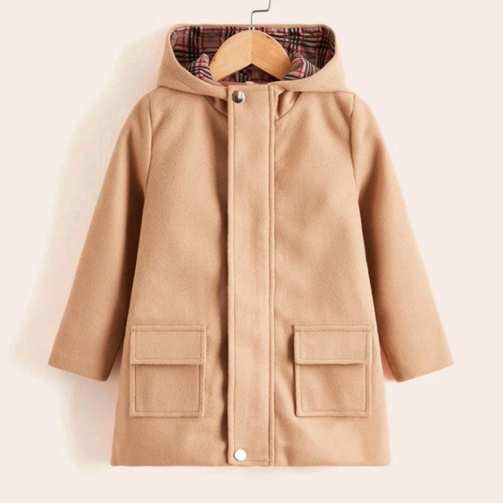 Boys Toddler Flap Pocket Plaid Lined Hooded Wool Mix Coat